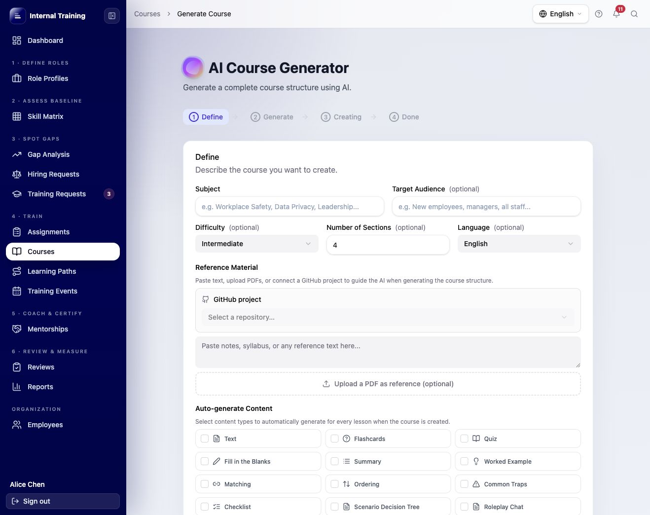 AI course generator with reference material and content type selection
