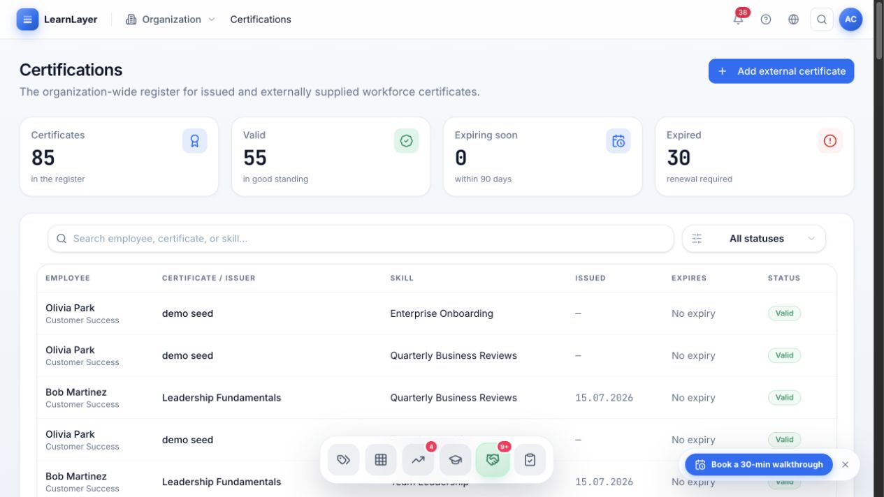 LearnLayer certification evidence view