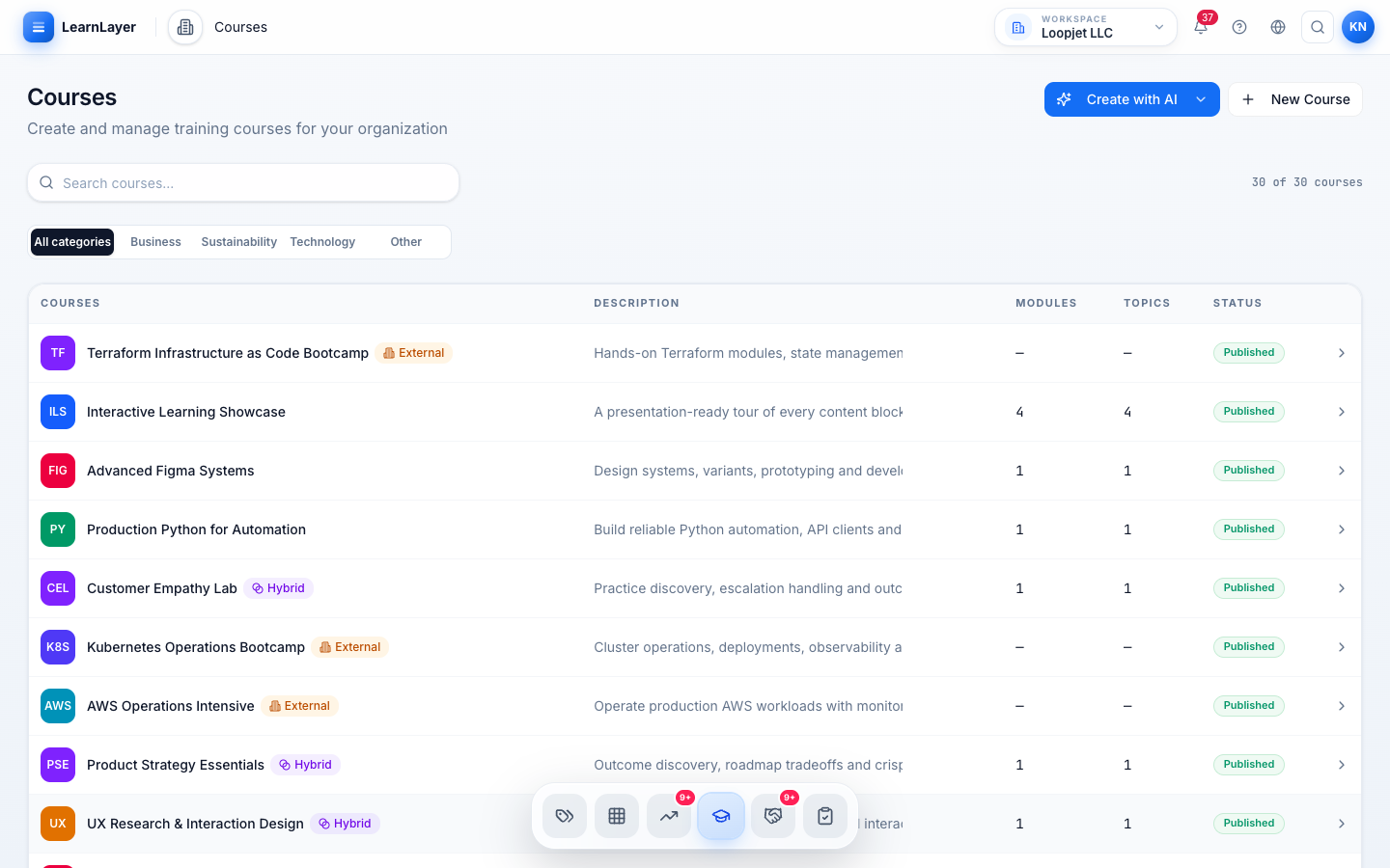 LearnLayer AI-assisted course authoring interface