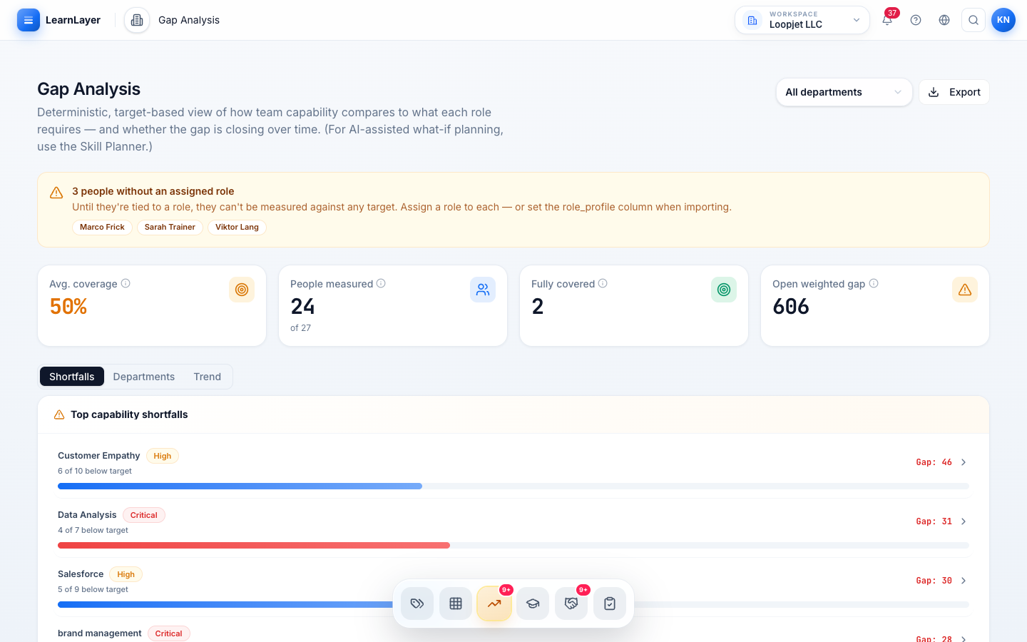 LearnLayer future workforce needs and continuity risk view