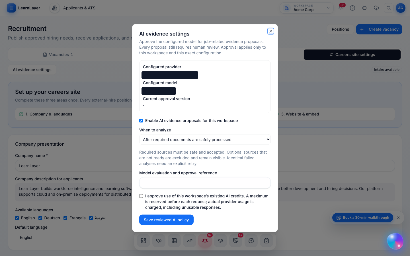 LearnLayer AI evidence approval policy, provider and model redacted