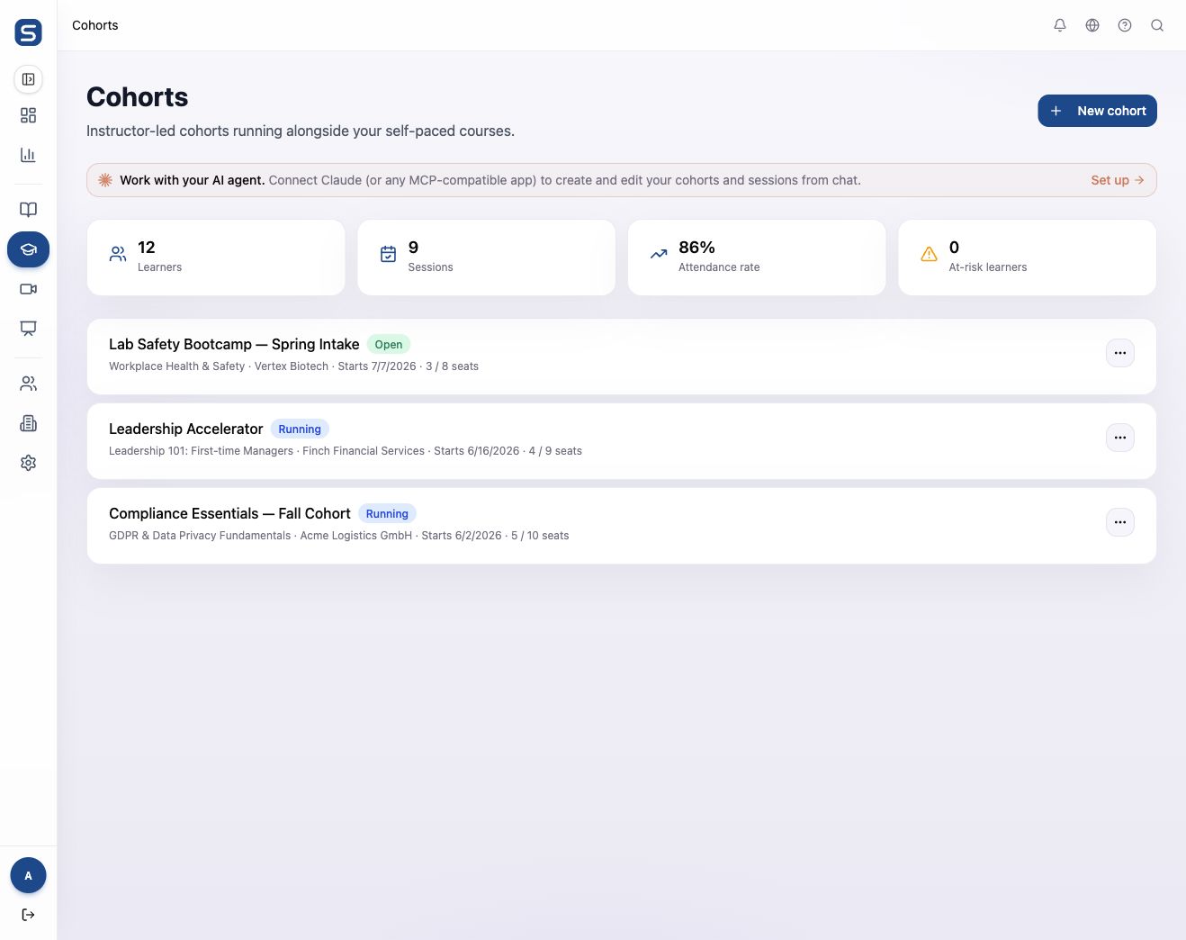 Cohort operations page with live cohorts, sessions, attendance, and seats