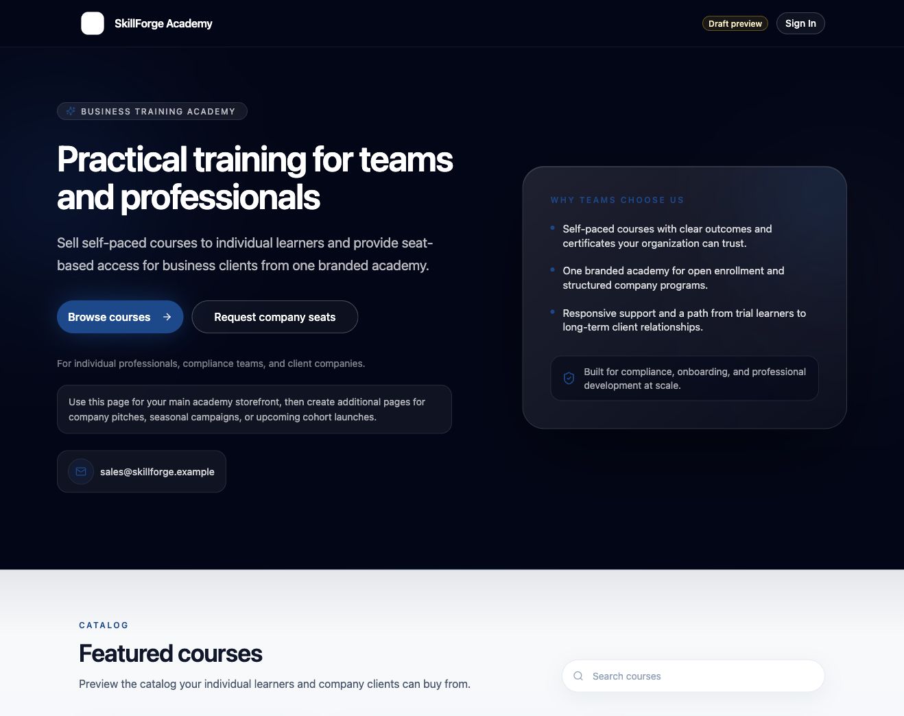 Public training academy storefront with featured courses and company seat CTA